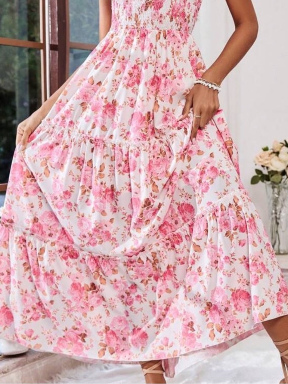 Floral Pink Tiered Sundress with Smocked Bodice - Picture 2 of 5